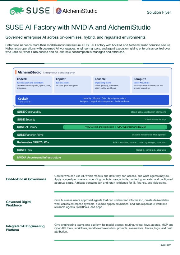 First page of the SUSE AI Factory with NVIDIA and AlchemiStudio solution flyer